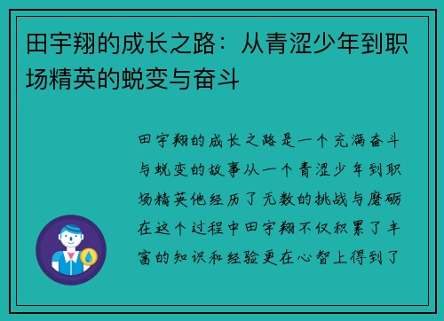 田宇翔的成长之路：从青涩少年到职场精英的蜕变与奋斗